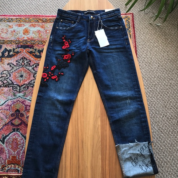 Zara TRF Embroidered Cigarette Jeans NWT - Picture 2 of 7